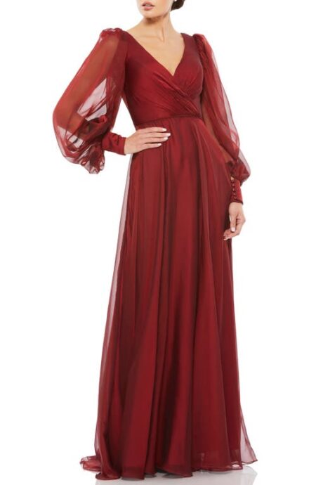  Illusion Long Sleeve A-Line Gown in Garnet at Nordstrom   