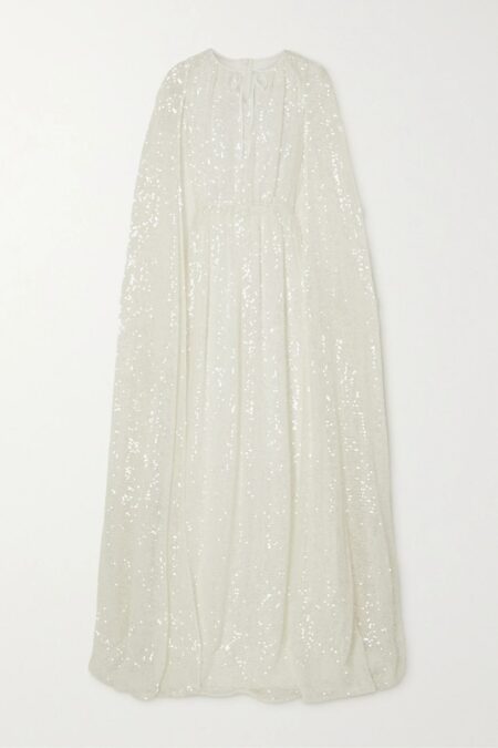   Kenley Cape-effect Gathered Sequined Chiffon Gown Ivory