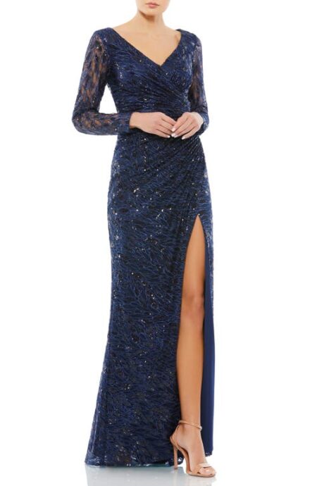  Long Sleeve Sequin Lace Sheath Gown in Midnight at Nordstrom   