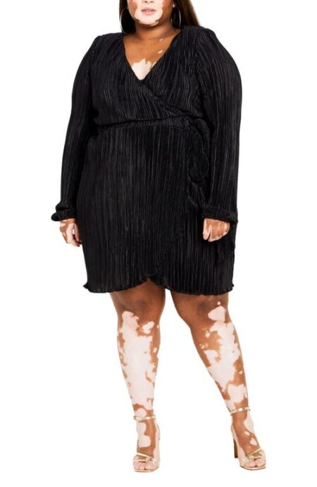  Macie Plissé Long Sleeve Faux Wrap Dress in Black at Nordstrom  X 