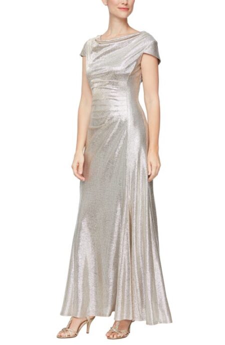  Metallic Cap Sleeve A-Line Gown in Champagne at Nordstrom   