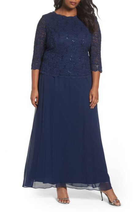  Mock Two-Piece A-Line Gown in Navy at Nordstrom   W