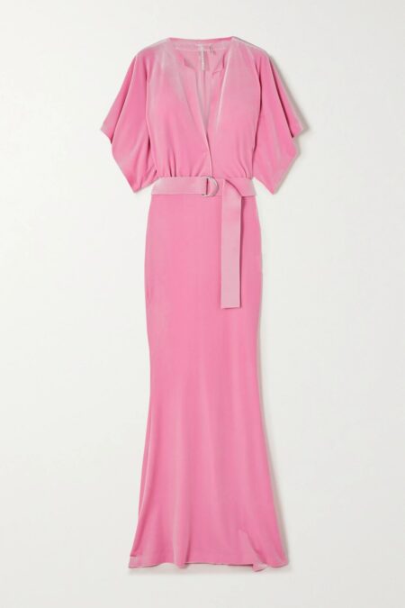   Obie Belted Stretch-velvet Maxi Dress Pink