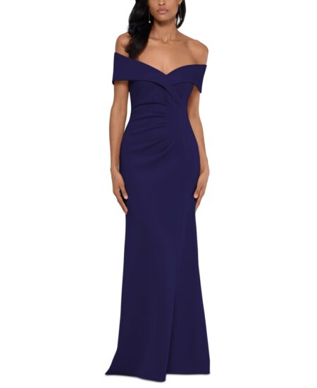  Off-The-Shoulder Ruched Gown Navy Blue