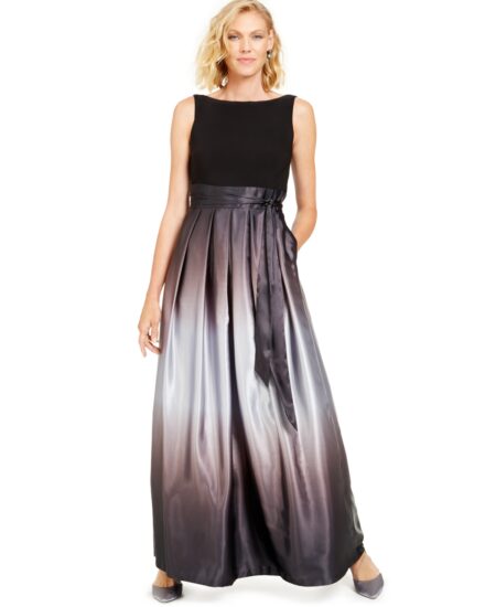  Ombre Satin Bow Sash Gown Black/Silver