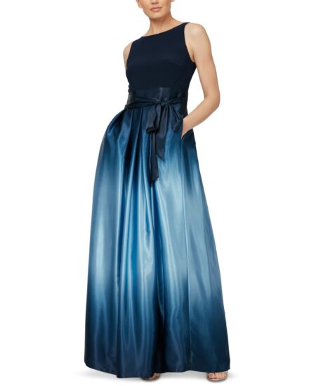  Ombre Satin Bow Sash Gown Navy/Light Blue