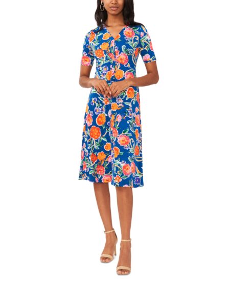  Petite Floral-Print Twist-Front Midi Dress Blue Multi