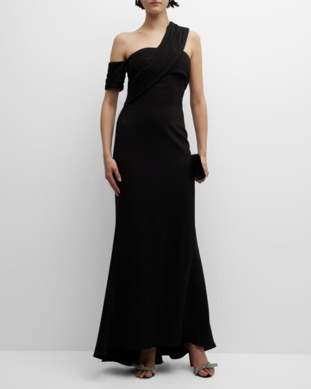 Pleated One-Shoulder Trumpet Gown