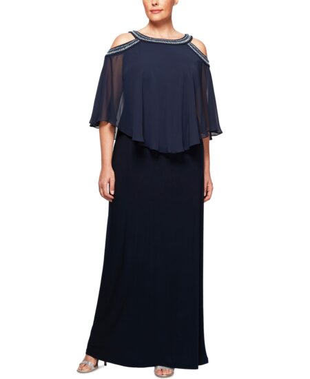 Plus  Beaded Cold-Shoulder Overlay Gown Navy