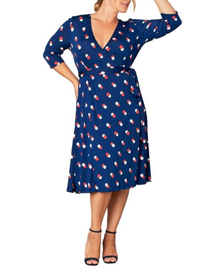  Plus  Essential Wrap Dress with / Sleeves Navy dot duo
