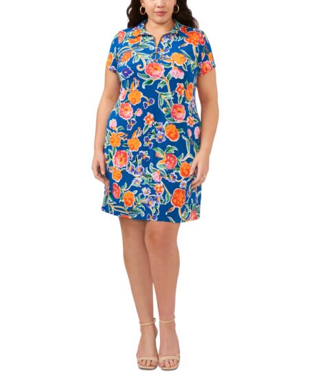  Plus  Floral-Print Zip-Front Shift Dress Blue Multi