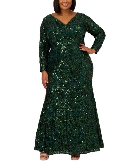  Plus  Sequined Lace V-Neck Gown Hunter