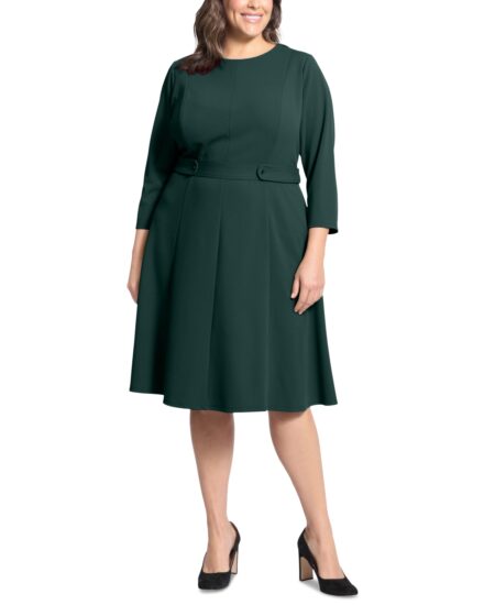  Plus  / -Sleeve Tab-Waist Fit & Flare Dress Emerald