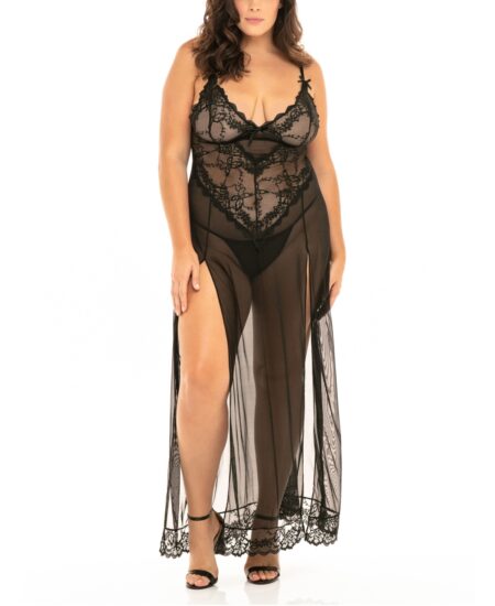 Plus  Soft Cup Gown with Lace Detail and G-String Lingerie Set Black