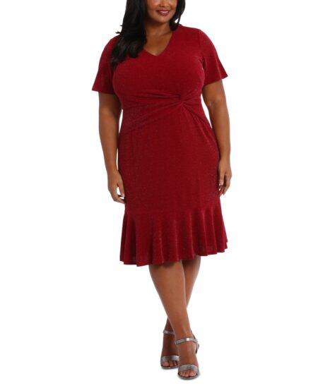  Plus  V-Neck Short-Sleeve Twist-Detail Dress Red