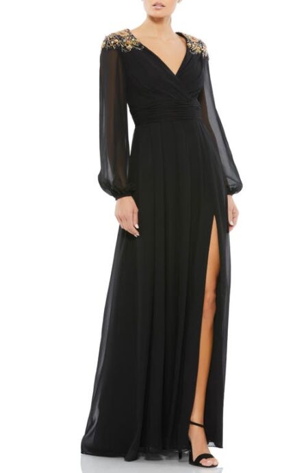  Puff Sleeve Chiffon Gown in Black Gold at Nordstrom   