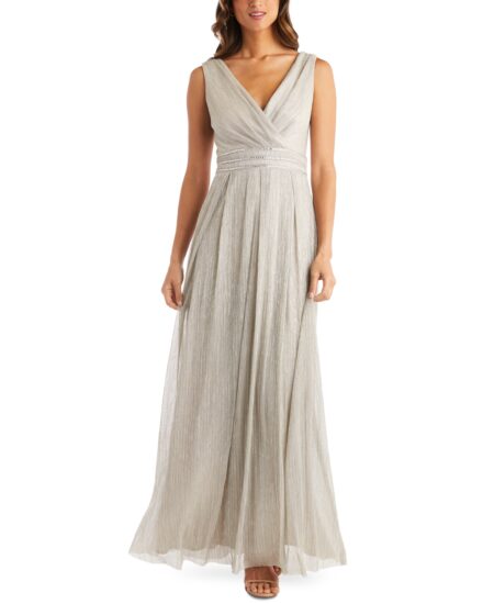 R & M Richards Crinkle Pleated Gown Champagne