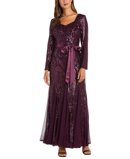 R & M Richards Embellished Godet Gown Burgundy