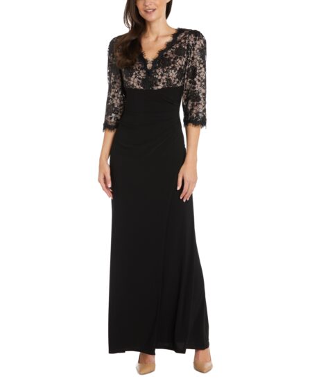 R & M Richards Petite Lace / -Sleeve Gown Black/Nude