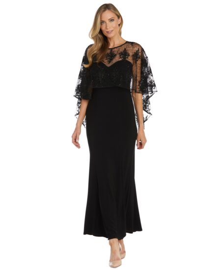 R & M Richards Women's Embellished-Capelet Gown Black/Taupe