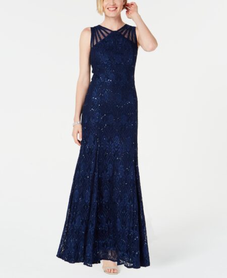 R & M Richards Women's Long Embellished Illusion-Detail Lace Gown Navy