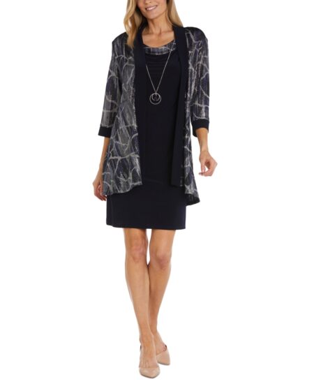 R & M Richards Women's Necklace Printed-Jacket Dress Navy/Silver