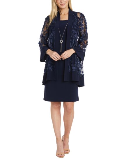 R & M Richards Women's -Pc. D Floral-Embroidered Jacket & Necklace Dress Navy