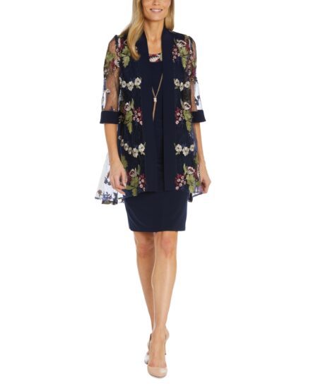 R & M Richards Women's -Pc. Floral-Embroidered Lace Jacket & Dress Set Navy Multi