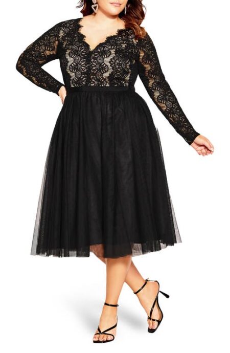  Rare Beauty Lace Bodice Long Sleeve Dress in Black at Nordstrom  X 