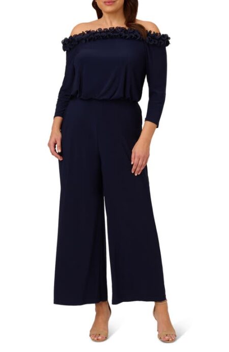  Ruffled Off the Shoulder Long Sleeve Jumpsuit in Navy at Nordstrom   W