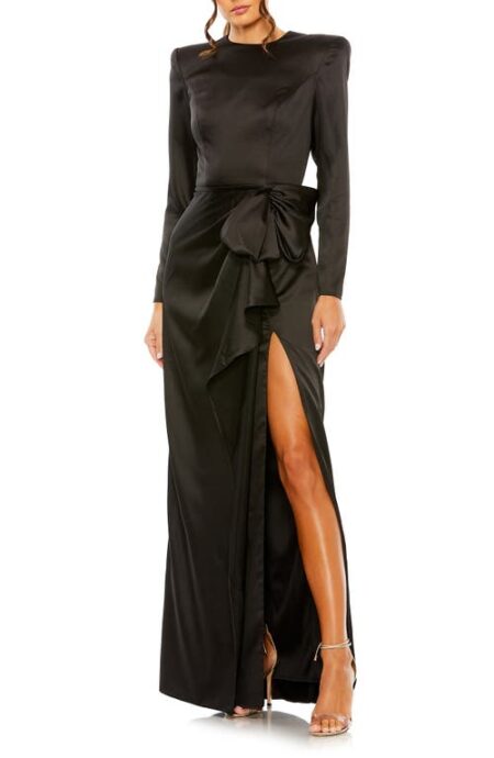  Satin Bow Long Sleeve Column Gown in Black at Nordstrom   