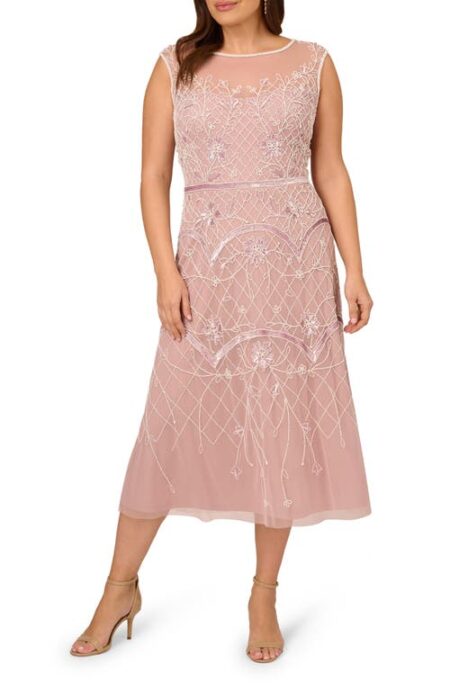  Sequin Beaded Illusion Mesh Midi Dress in Dusted Petal/Ivory at Nordstrom   W