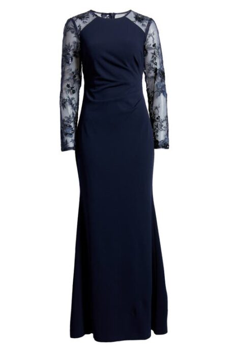  Sequin Embroidered Long Sleeve Gown in Navy at Nordstrom   