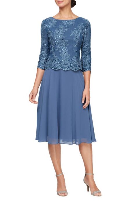  Sequin Embroidery Mixed Media Cocktail Dress in Vintage Blue at Nordstrom   