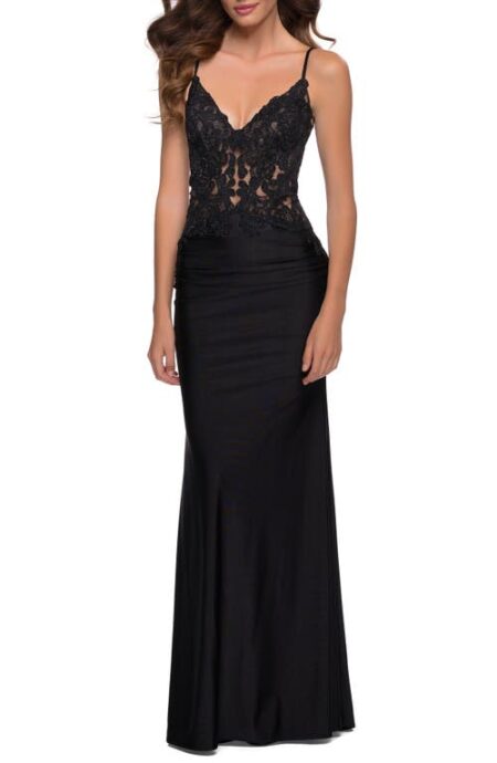  Shiny Lace Gown in Black at Nordstrom   