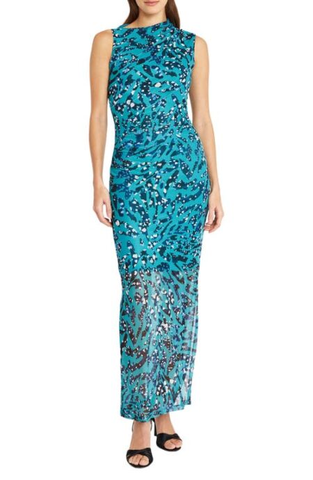  Shirred Sleeveless Maxi Dress in Teal Aqua/Blue at Nordstrom   