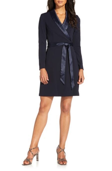  Tux Long Sleeve Crepe Faux Wrap Dress in Midnight at Nordstrom   