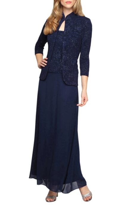 Two-Piece Jacquard Gown with Jacket in Navy at Nordstrom   P