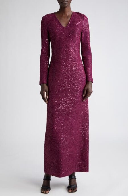  V-Neck Long Sleeve Sequin Column Gown in Mulberry at Nordstrom   