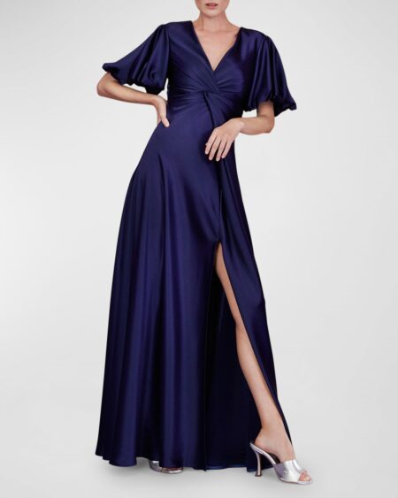Wing-Sleeve Twisted Satin Crepe Gown