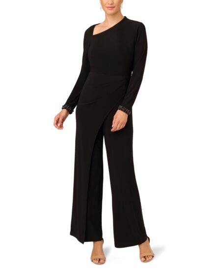  Women's Beaded-Cuff Asymmetric Jumpsuit Black