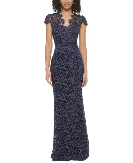  Women's Cap-Sleeve Lace Gown Navy