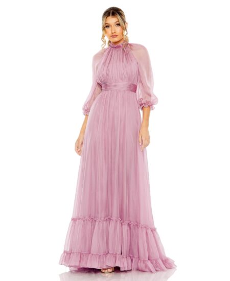 Women's Chiffon Ruched Illusion Raglan Sleeve Ruffled Gown Vintage lilac