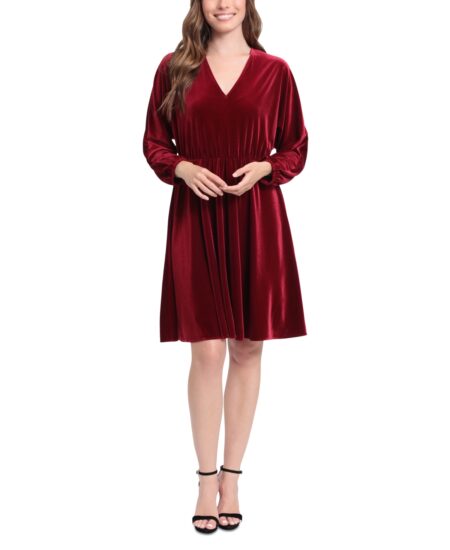  Women's Dolman-Sleeve Velvet Fit & Flare Dress Red