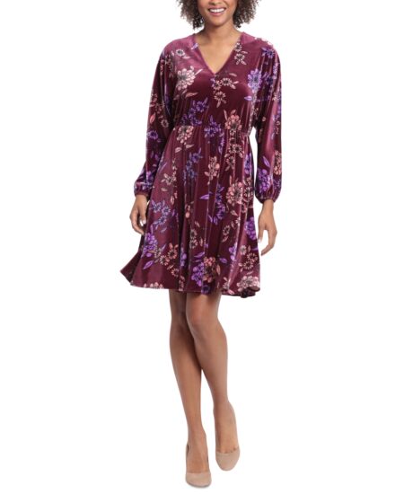 Women's Dolman-Sleeve Velvet Fit & Flare Dress Wine/Blush