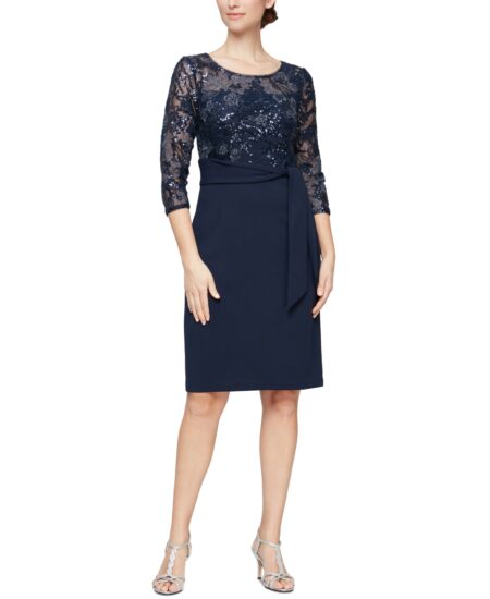  Women's Embroidered-Bodice Side-Tie Dress Navy