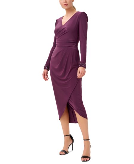  Women's Jersey Long-Sleeve Wrap Midi Dress Rich Shiraz