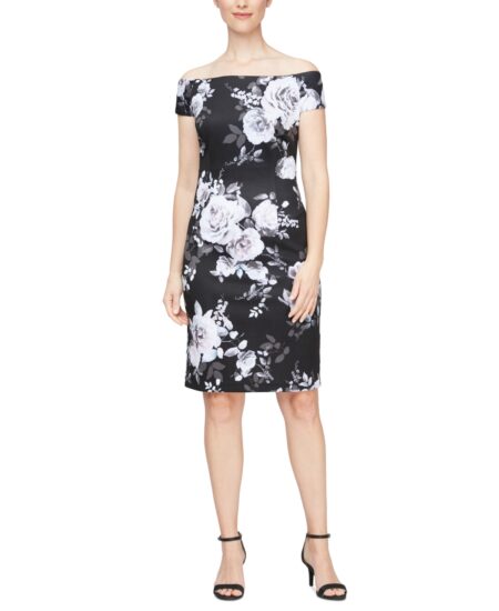  Women's Off-The-Shoulder Floral Print Sheath Dress Blk Multi