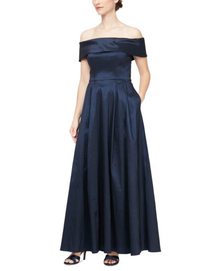  Women's Off-The-Shoulder Pleated Gown Navy