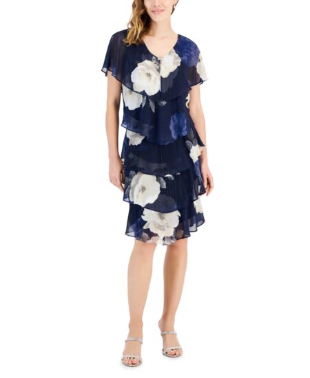  Women's Printed V-Neck Capelet Tiered Dress Navy Multi
